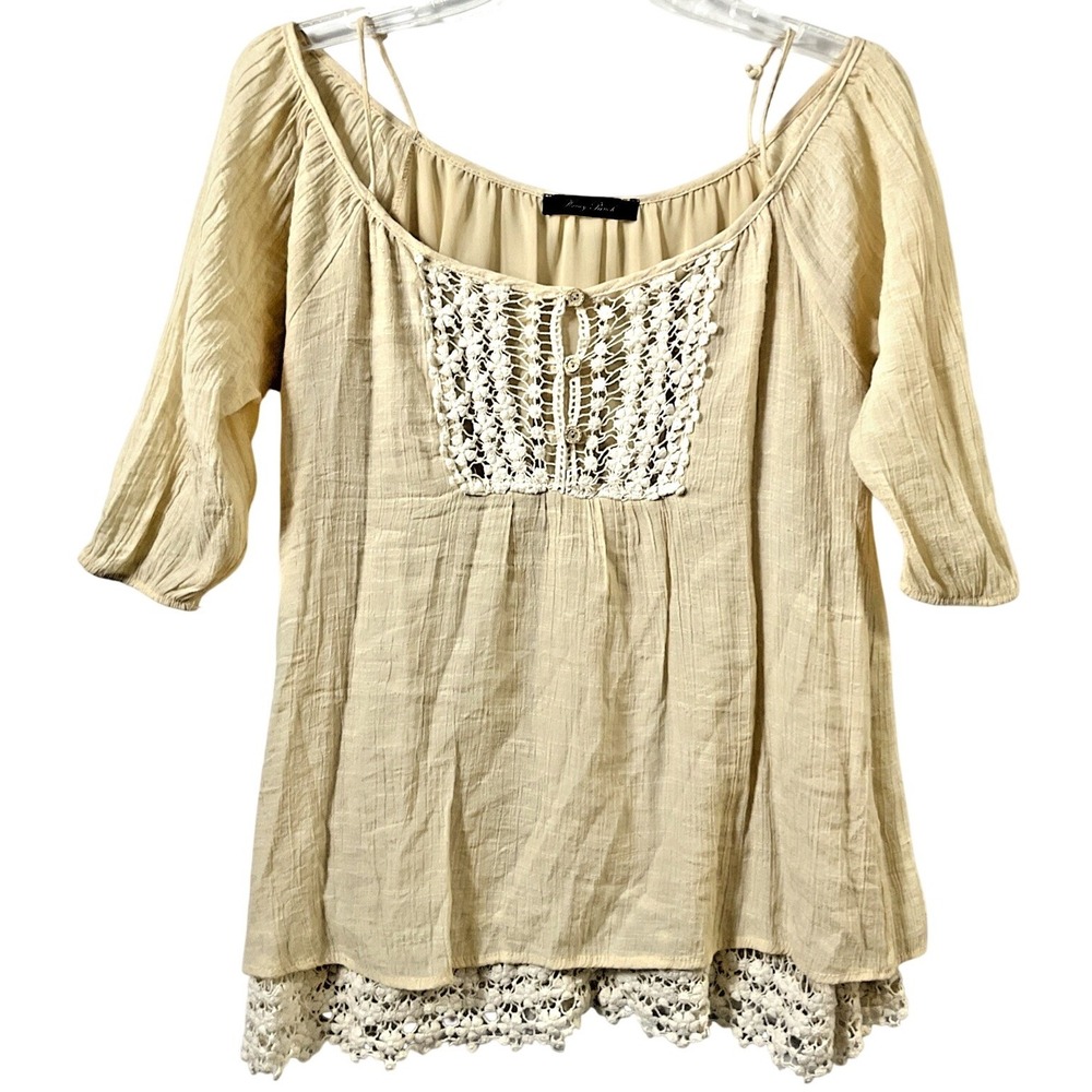 Honey Punch Boho Gauze Peasant Blouse Crochet Lace Button Keyhole Beige S